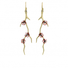Gold Branch Earrings with Black Diamond Blossoms Image