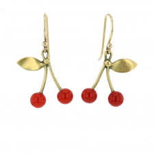 Red Coral Cherries Gold Earrings Image