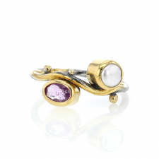 Pink Sapphire and Pearl Blackened Silver and Gold Seafire Ring Image