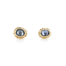 Oval Blue Sapphire Ruffled Platform Gold Post Stud Earrings