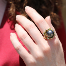 Round Black Tahitian Pearl 18k Gold Ring with Diamonds Image