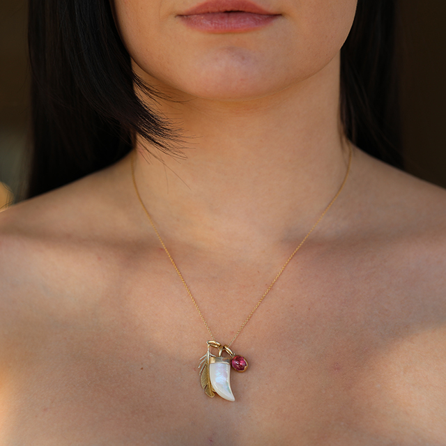 Scavenger Charm Necklace with Mother of Pearl and Rubelit