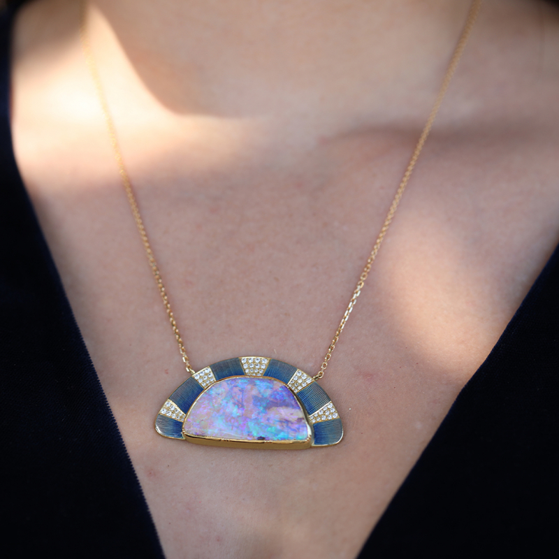 Sunrise Boulder Opal Enamel Diamond Necklace