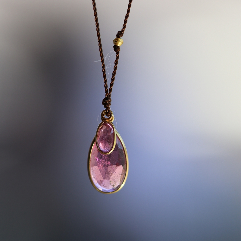 Pink Tourmaline and Sapphire Nylon Cord Necklace