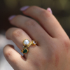 Keishi Pearl, Morganite, Emerald and Diamond Gold Seafire Ring