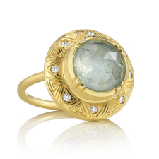 Aquamarine Sun Dial Engraved Gold Ring Image