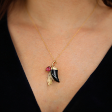 Gold Scavenger Necklace with Black Onyx, Rubeliite and Feather N