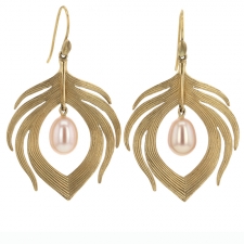 10k Gold Peacock Feather with Pearl Earrings Image