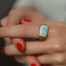 Rectangular Australian Boulder Opal 18k Rose Gold Ring Image