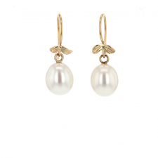 Leaf Cultured Pearl 14k Gold Hanging Earrings Image