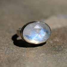 Oval Faceted White Rainbow Moonstone Ring