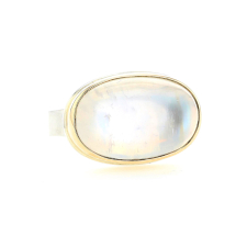 Oval White Rainbow Moonstone Silver and Gold Ring