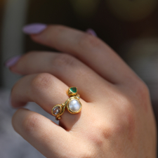 Keishi Pearl, Morganite, Emerald and Diamond Gold Seafire Ring Image