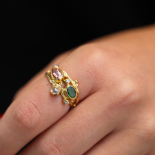 Morganite, Emerald and Diamond Double Seafire Gold Ring Image