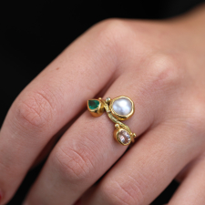 Keishi Pearl, Morganite, Emerald and Diamond Gold Seafire Ring Image