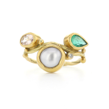 Keishi Pearl, Morganite, Emerald and Diamond Gold Seafire Ring Image