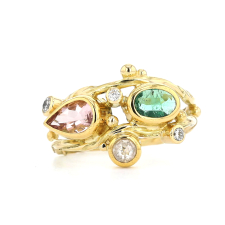 Morganite, Emerald and Diamond Double Seafire Gold Ring