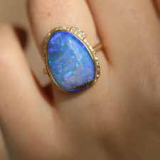 All Gold Vertical Boulder Opal with Diamonds Ring