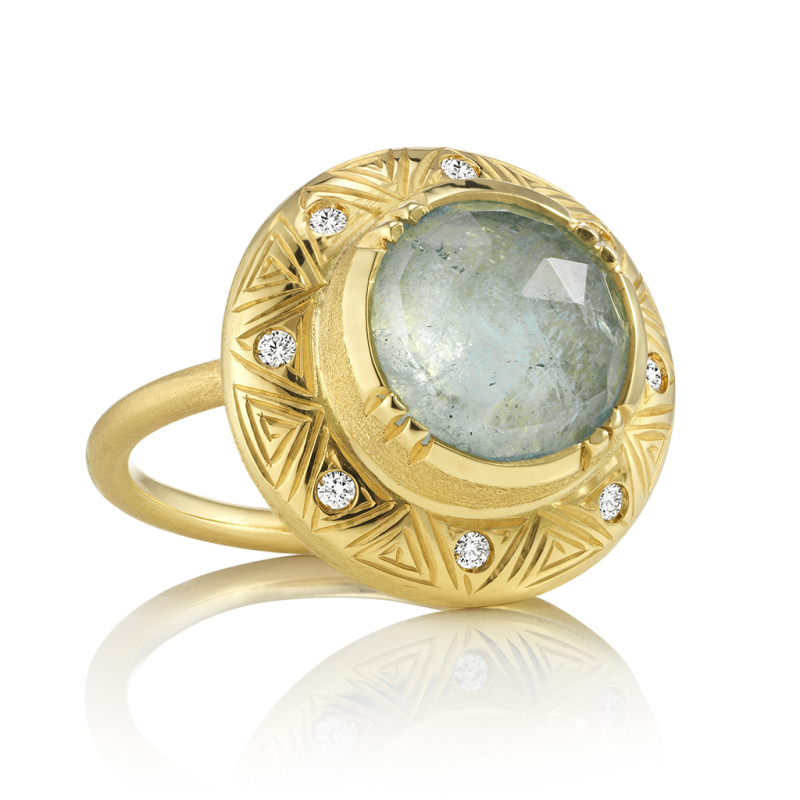 Aquamarine Sun Dial Engraved Gold Ring