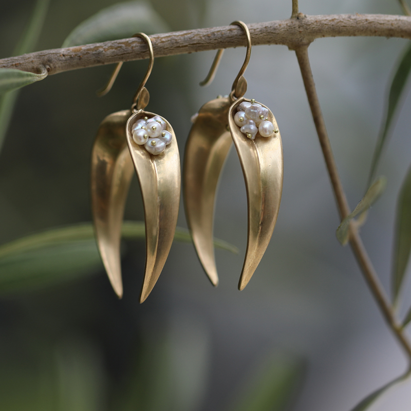 Gold Double Day Flowers Earrings with Pearls