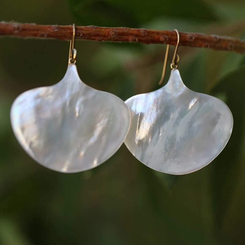 Large Mother of Pearl Ginko Leaf Gold Earrings