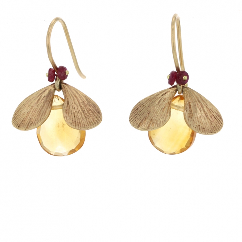 Citrine and Ruby Bug Gold Earrings