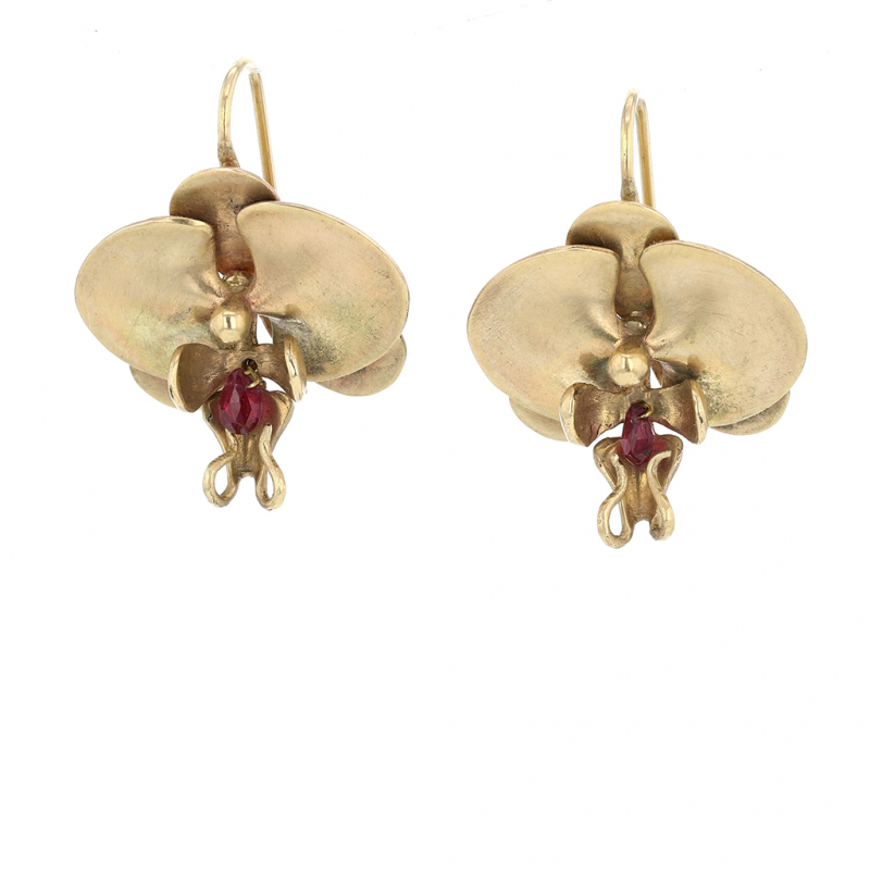Gold Orchid Earrings with Rubies