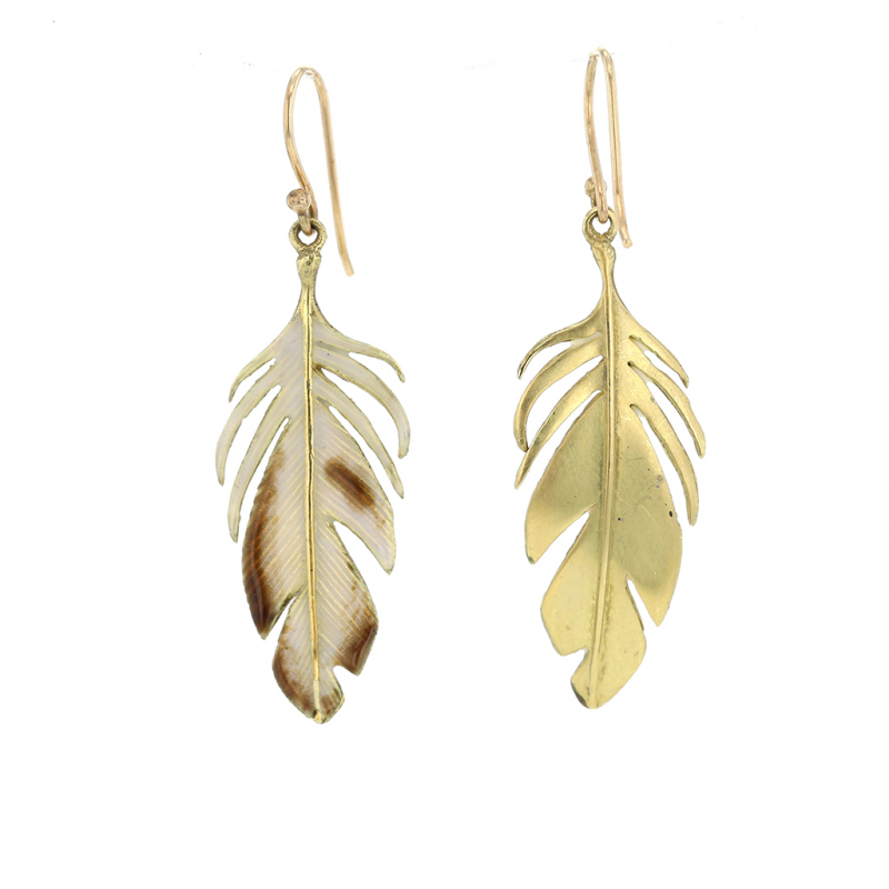 Gold Enameled Feather Earrings