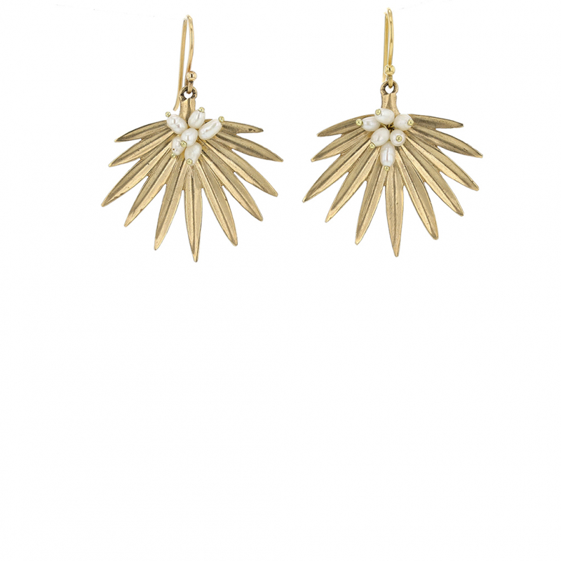 Small Gold Fan Palm Earrings with Pearls