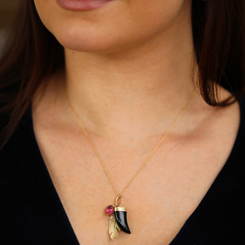 Gold Scavenger Necklace with Black Onyx, Rubelite Tourmaline