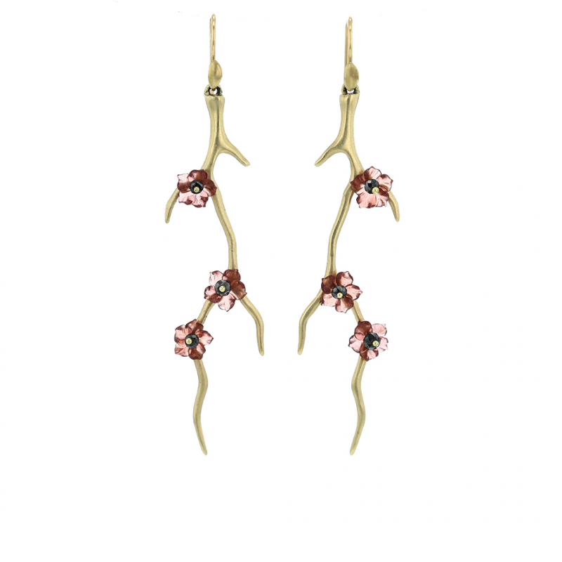 Gold Branch Earrings with Black Diamond Blossoms