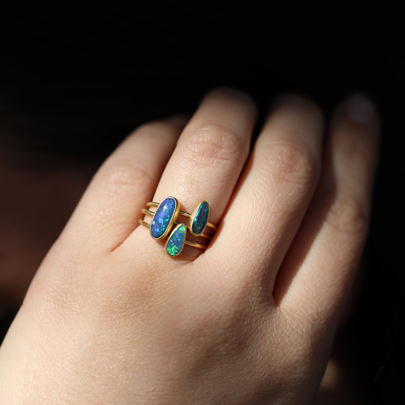 Blue Flash Lightning Ridge Opal Stacker Ring