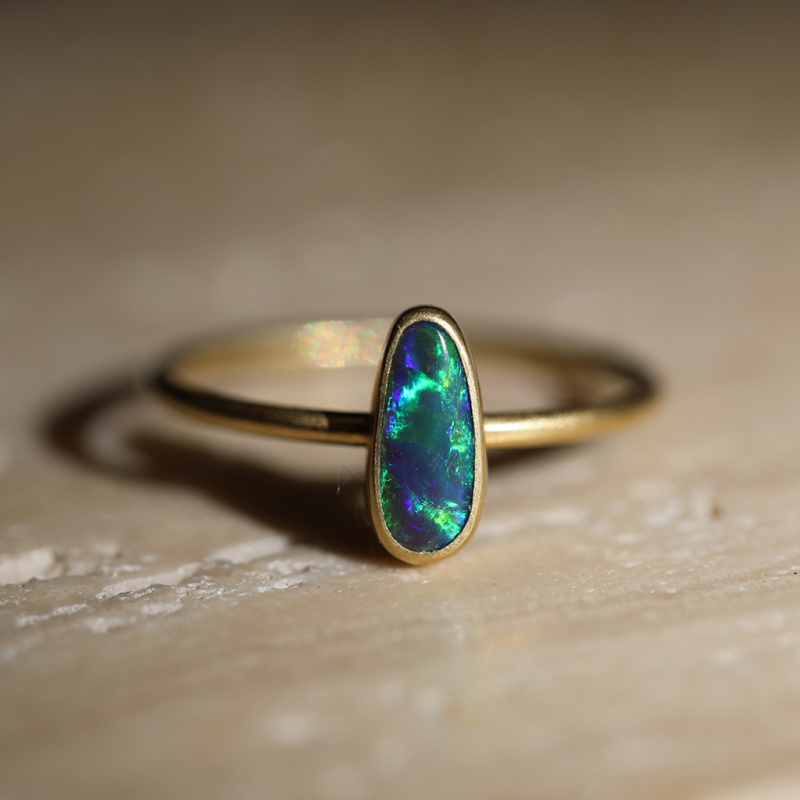 Blue Green Flash Lightning Ridge Opal Stacker Ring
