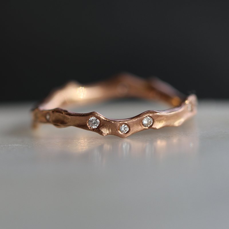 18k Rose Gold Coral Stick Scattered Diamond Ring
