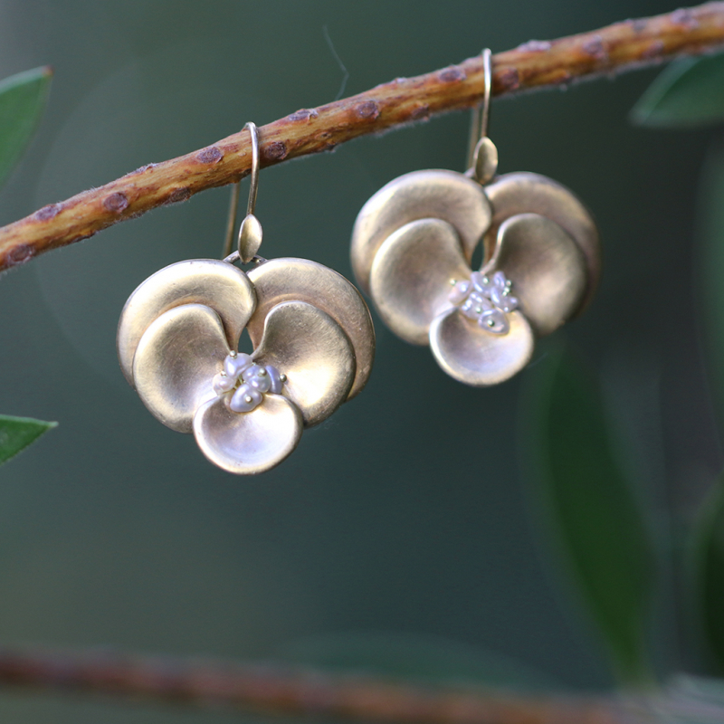 Gold Pansies with Pink and White Pearl Earrings