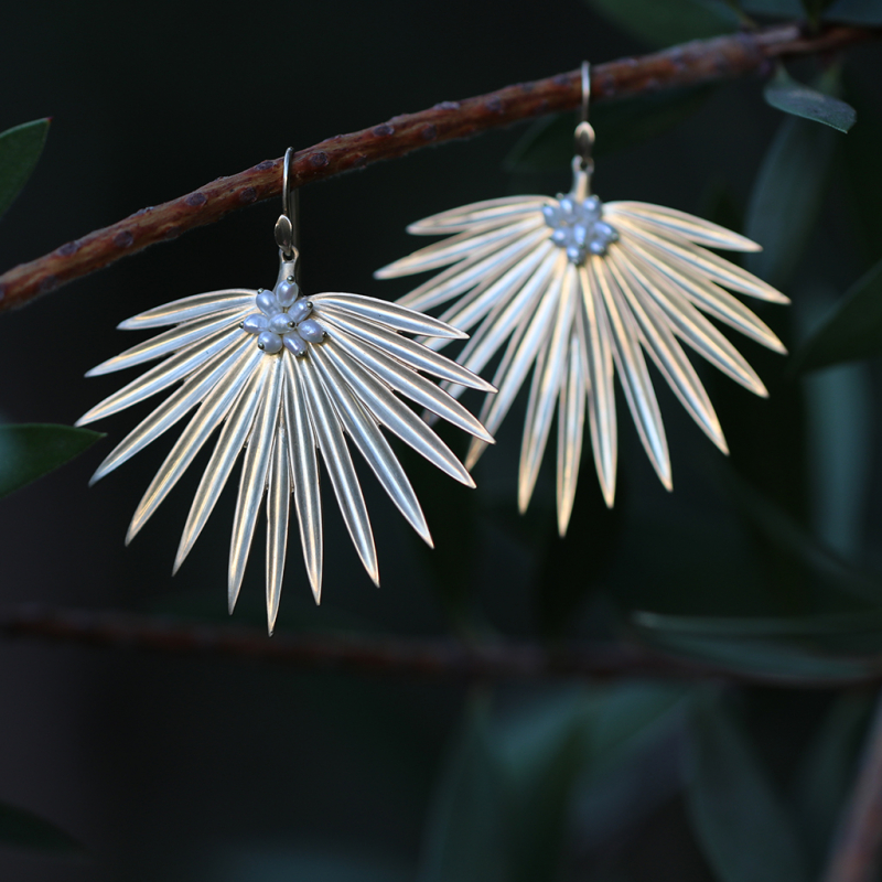 Large Gold Fan Palm Earrings with Pearls
