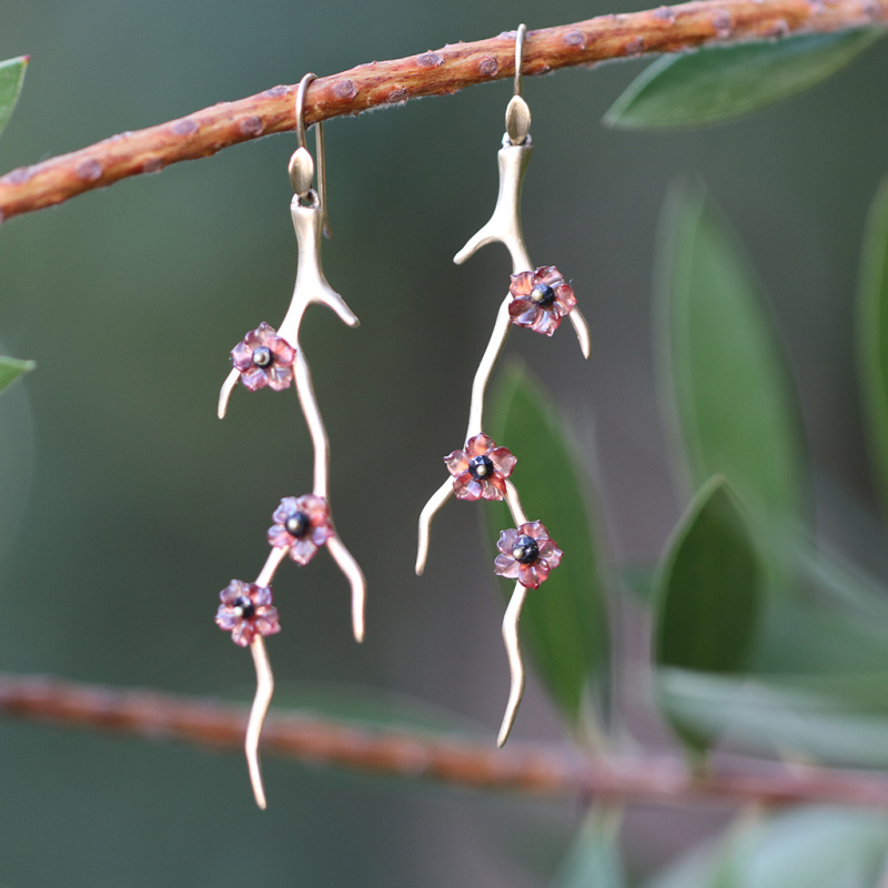 Gold Branch Earrings with Black Diamond Blossoms