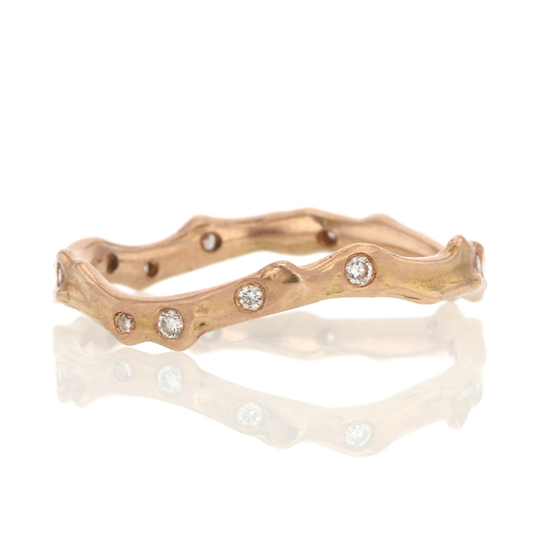 18k Rose Gold Coral Stick Scattered Diamond Ring