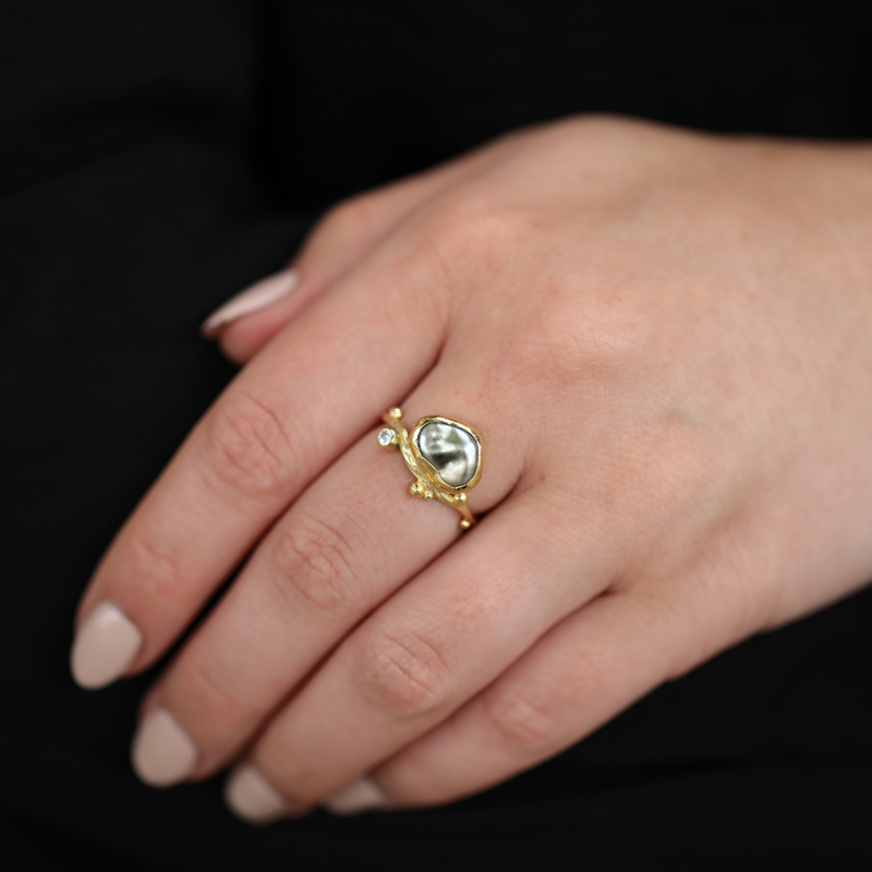 Unique Keshi Pearl and Diamond Gold Seafire Ring