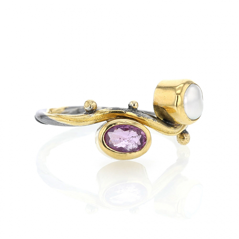 Pink Sapphire and Pearl Blackened Silver and Gold Seafire Ring
