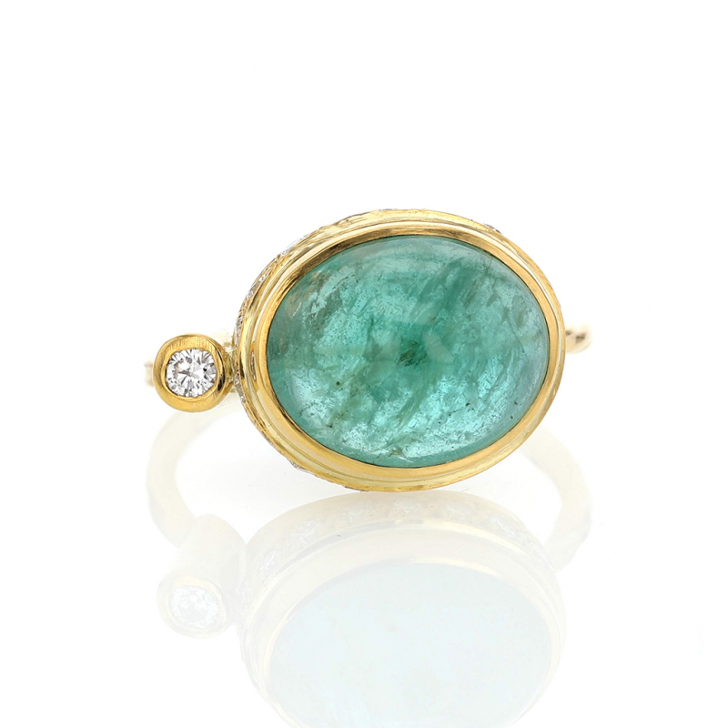 Oval Cabachon Emerald and Diamond Gold Cocktail Ring