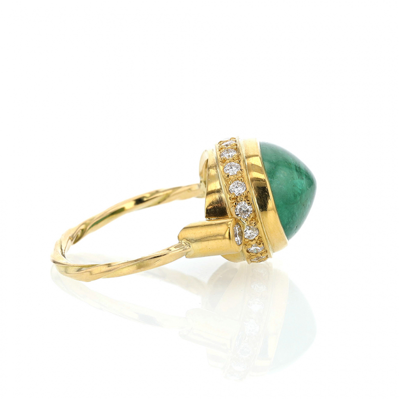 Oval Cabachon Emerald and Diamond Gold Cocktail Ring