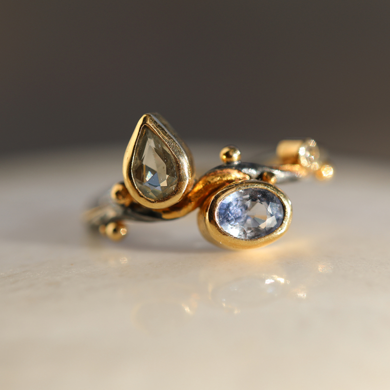 Sapphire and Diamond Blackened Silver and Gold Seafire Ring
