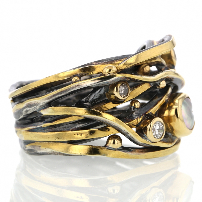 Twisted Oxidized Silver and Gold Unique Ring