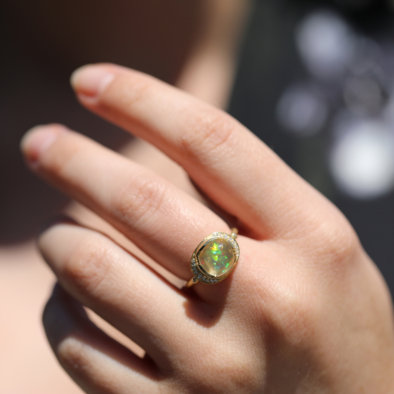 Fire Opal Diamond Halo Gold Ring