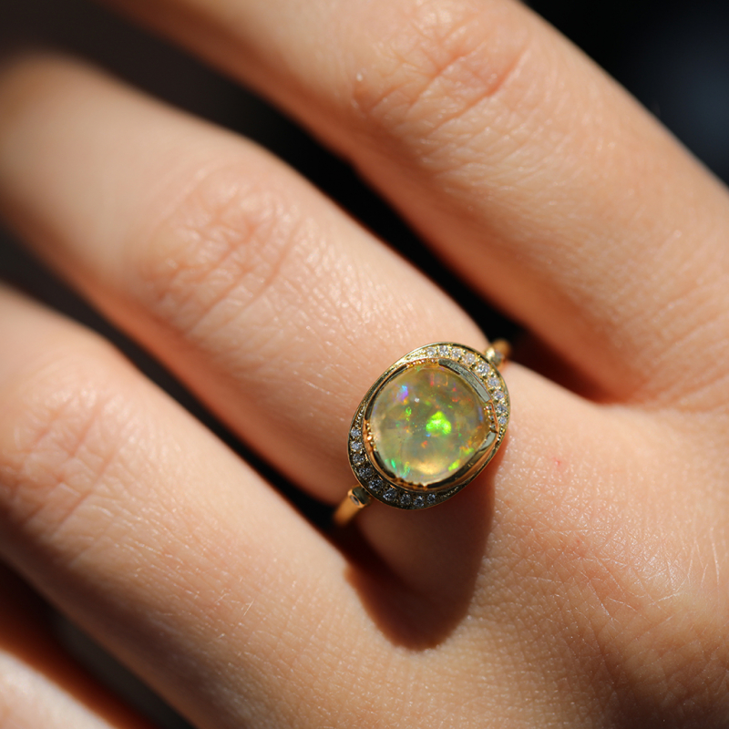 Fire Opal Diamond Halo Gold Ring