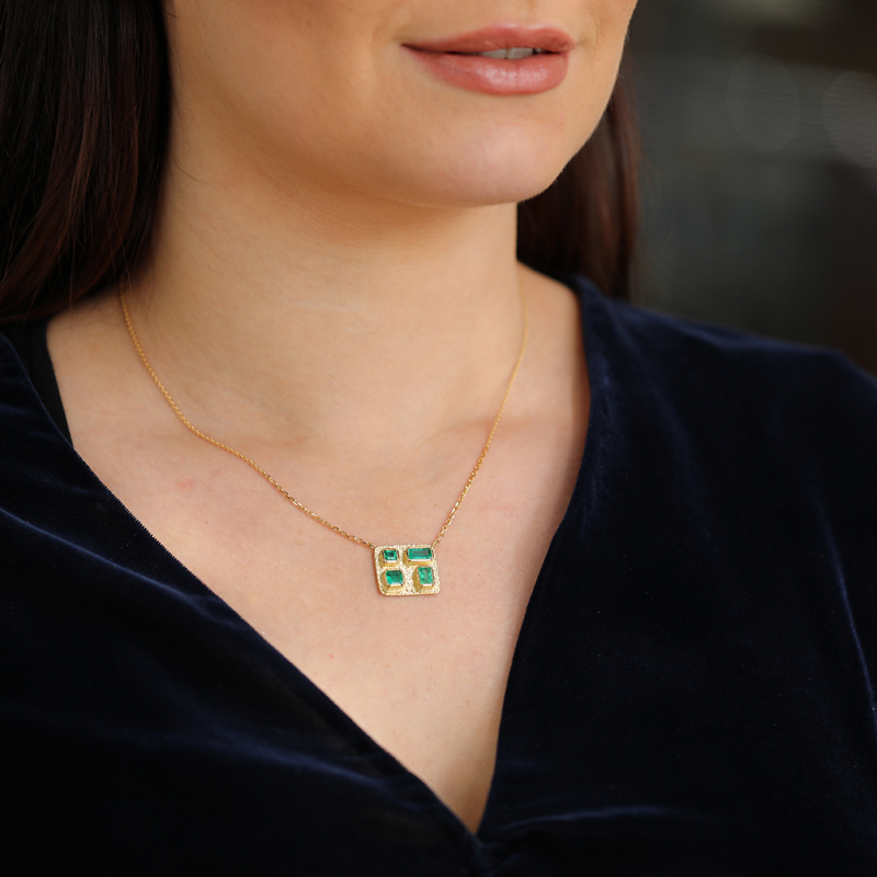 Bauhaus Engraved Emerald Gold Necklace