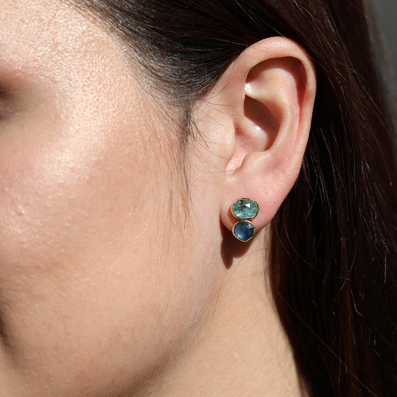 Double Orbit Blue Sapphire Aquamarine Stud Earrings