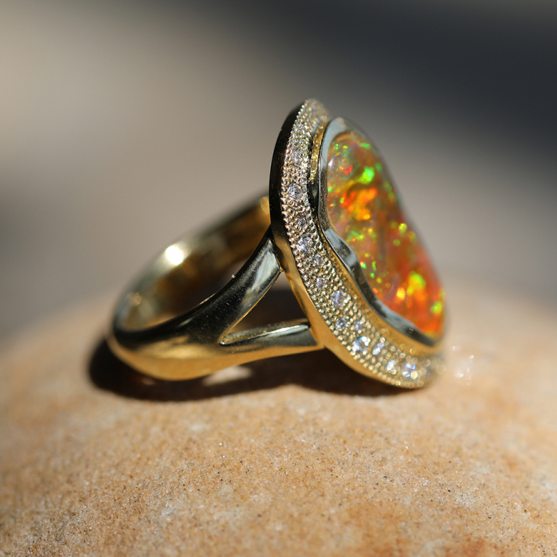 Vertical Fire Opal Diamond Ring