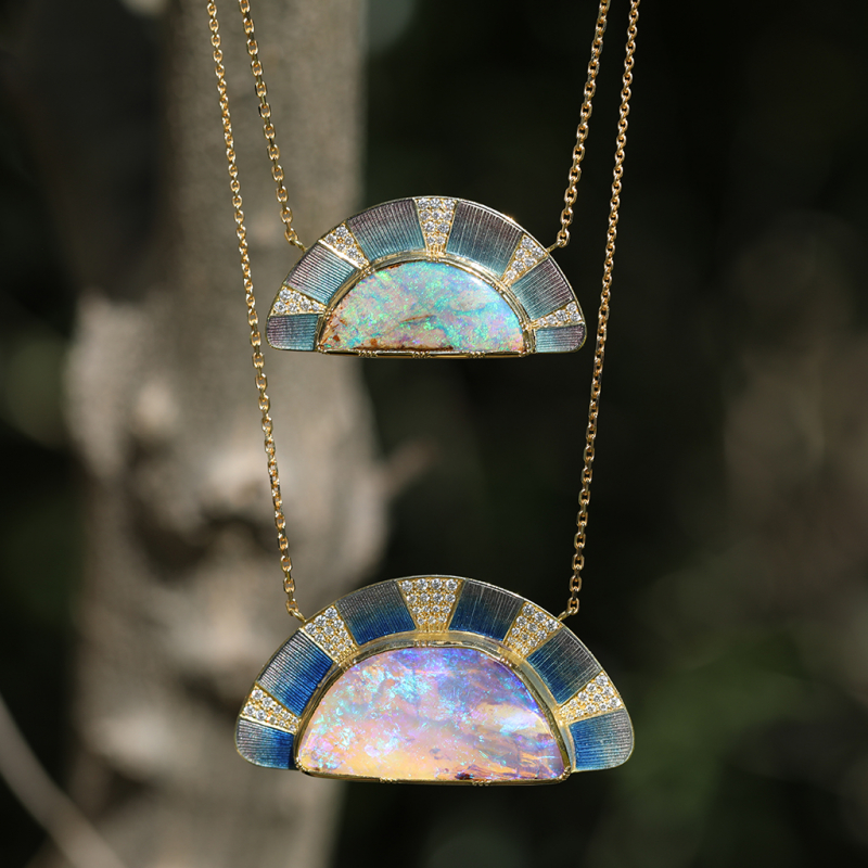 Sunrise Boulder Opal Enamel Diamond Necklace